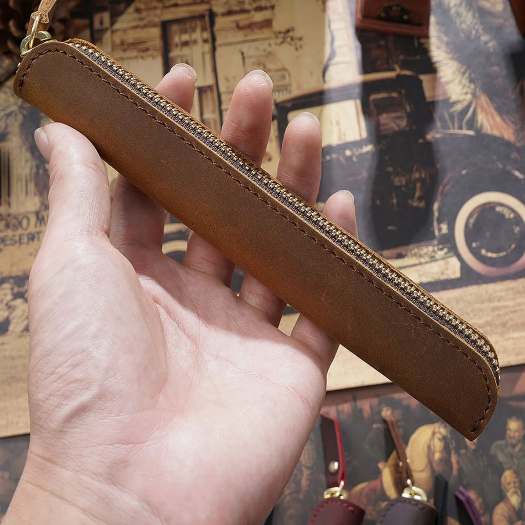 Vintage Leder Stifteetui aus Rindsleder mit Reißverschluss – Schlanke Pen Pouch für Schule, Büro & Notizbuch