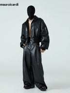 Mauroicardi Herren PU Lederjacke Schwarz – Kurze, Warme Designerjacke mit Baumwollfutter &amp; Reißverschluss für Herbst &amp; Winter