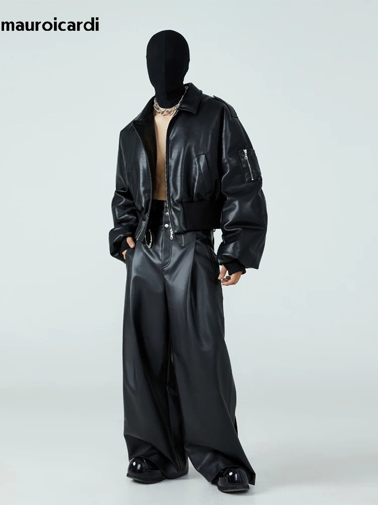 Mauroicardi Herren PU Lederjacke Schwarz – Kurze, warme Designerjacke mit Baumwollfutter & Reißverschluss für Herbst & Winter