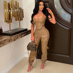 Sexy PU Leder 2-Teiliges Damen Set – Crop Top & High Waist Cargo Hose mit Taschen, figurbetontes Matching Outfit für Party & Club