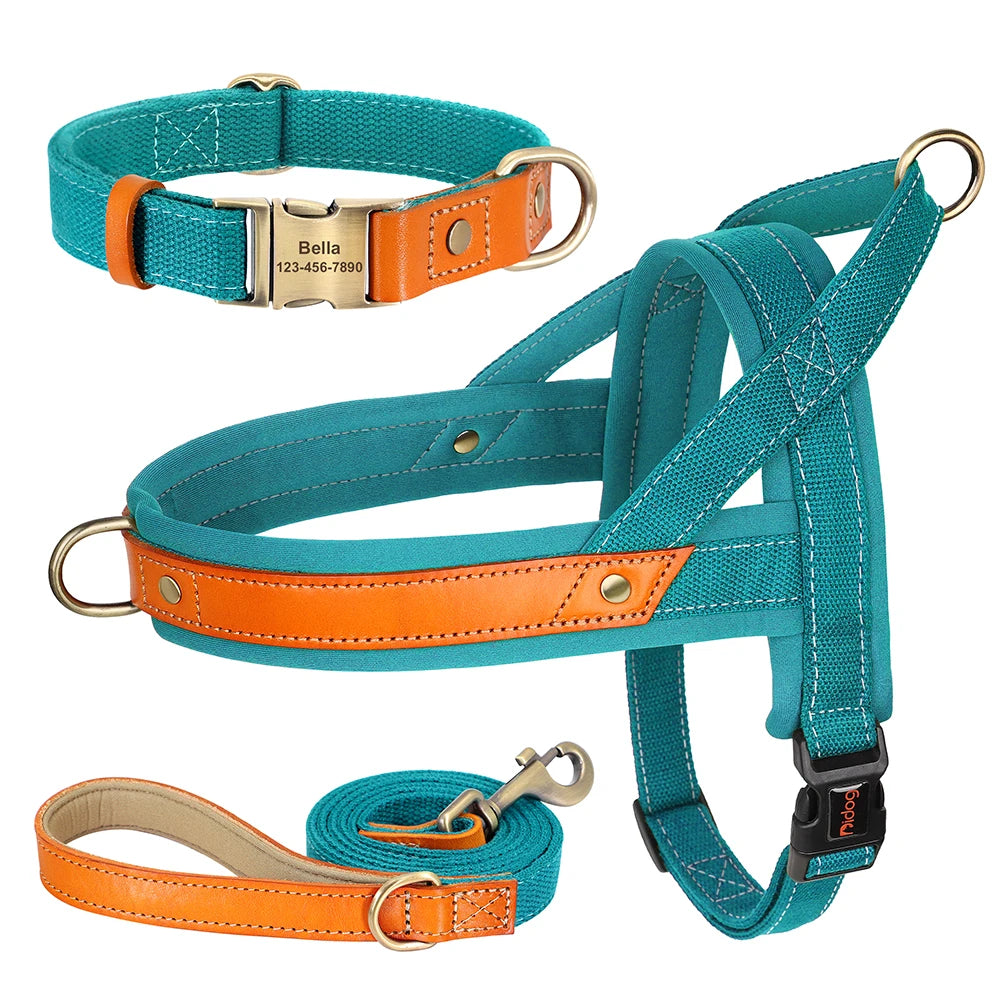 No-Pull Hunde-Geschirr Set aus Nylon & PU-Leder – Gepolstertes Harness mit Halsband & Leine für kleine, mittlere & große Hunde
