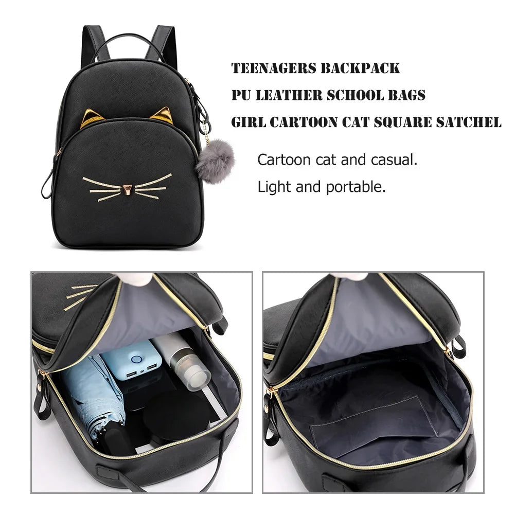 AIZHIYI Damen & Mädchen Rucksack – Kleiner PU Leder Schulrucksack mit Katzenmotiv, leicht & wasserabweisend