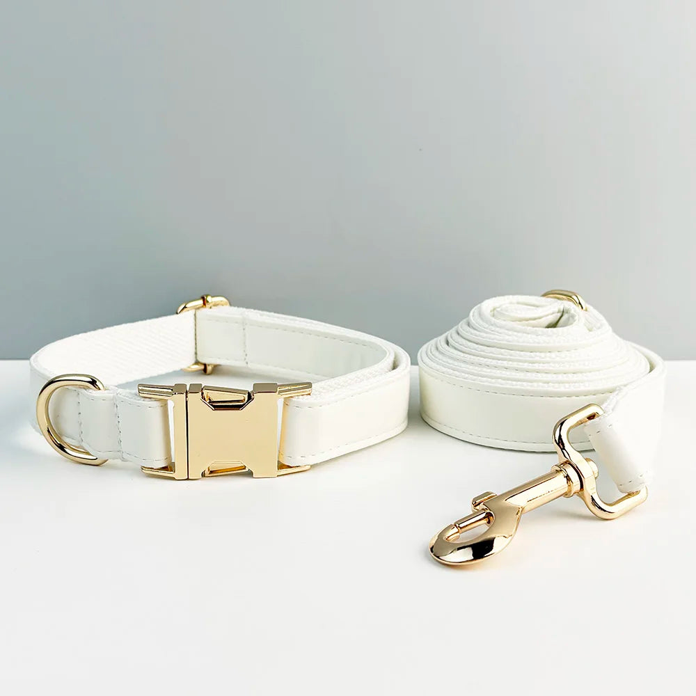 Weißes Leder-Halsband & Leinen-Set für Hunde – Personalisiert mit Gravurplatte
