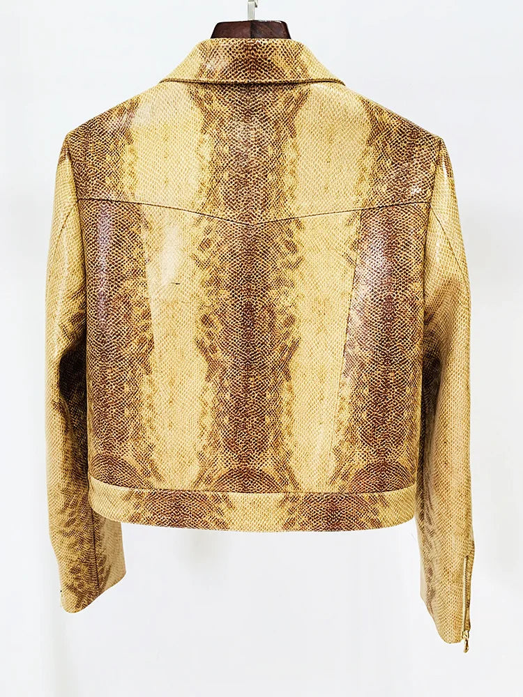 HIGH STREET Designer Damen Lederanzug 2025 – Schlangenleder-Optik Jacke mit Reißverschluss & High Waist Schlaghose Set