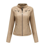 Damen Slim Lederjacke – Kurze Bikerjacke mit Stehkragen & Reißverschluss, Monochromer Look, Modische All-Season Jacke