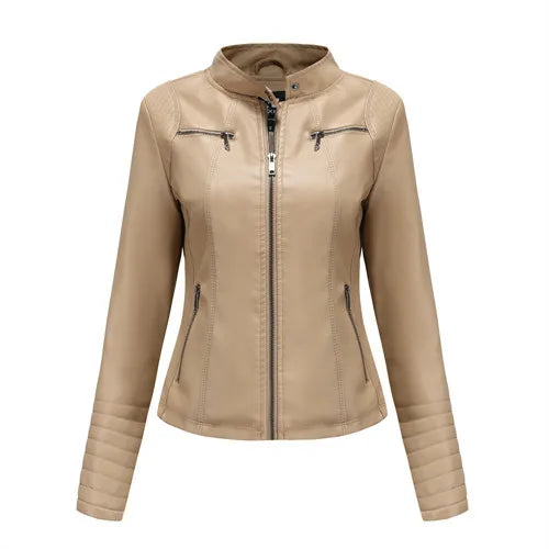 Damen Slim Lederjacke – Kurze Bikerjacke mit Stehkragen & Reißverschluss, Monochromer Look, Modische All-Season Jacke