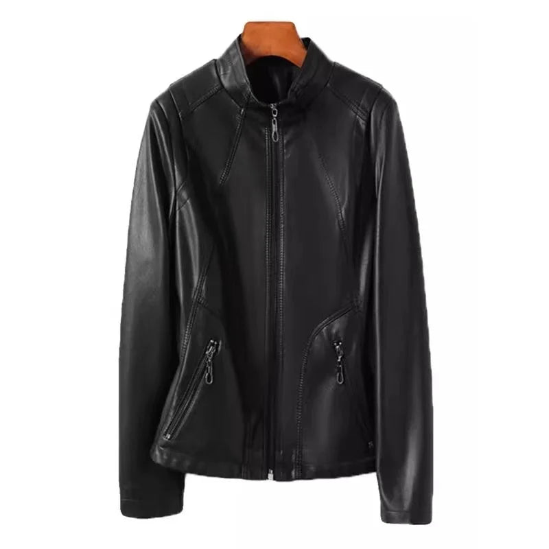 Damen Lederjacke im Korean Style – Große Größen bis 5XL, Casual Jacke mit Stehkragen & Reißverschluss für Frühling und Herbst