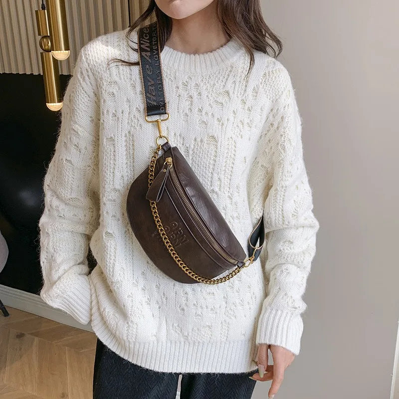 Talkingabao Damen Fanny Pack – Stylische PU-Leder Bauchtasche mit Kette, Trendige Crossbody- & Chest Bag 2024