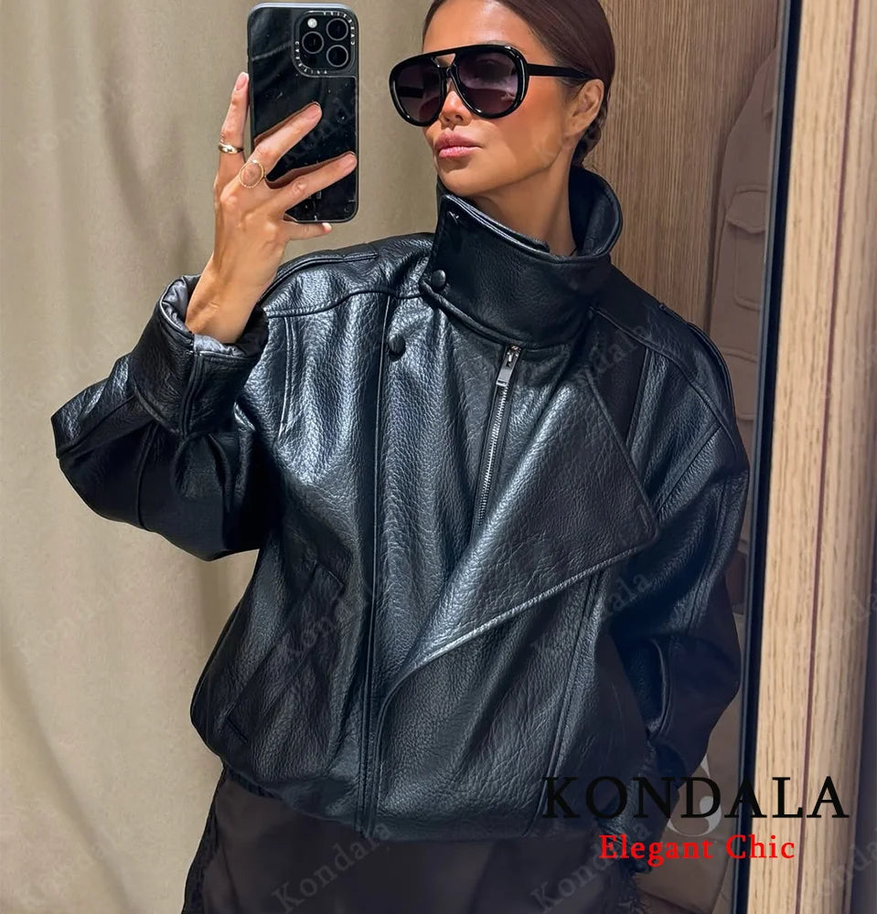 Damen PU Lederjacke mit Stehkragen – Pilot Jacke mit Reißverschluss, Streetwear Herbst Winter 2025