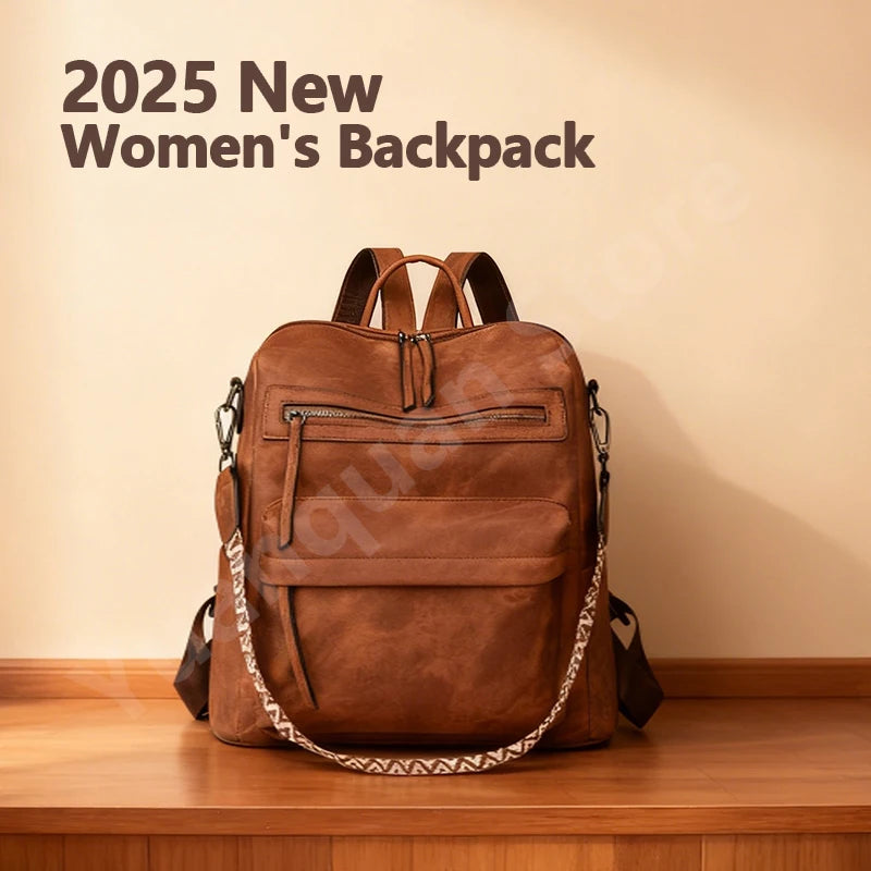 Großer Damen Laptop Rucksack aus wasserfestem PU-Leder – Anti-Diebstahl Retro Backpack mit extra viel Stauraum (36–55 L)
