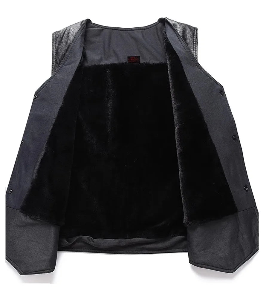 Herren Motorrad Weste aus PU-Leder – Warme Winter Lederweste mit Fleece-Futter, V-Ausschnitt & Knopfleiste, ärmellos