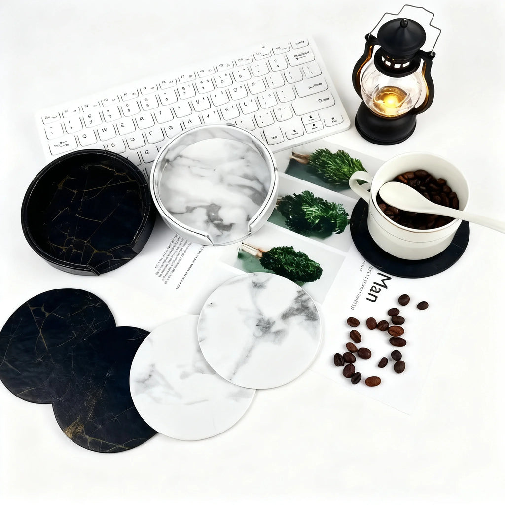 6er-Set Leder-Marmor Untersetzer Ø10 cm – Runde, hitzebeständige Getränkeunterlagen mit Gravur-Option im modernen Stil 