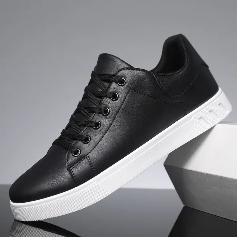 LEDP Herren Leder Sneaker – Klassische Casual Schuhe, weiße Plattform-Sneaker, komfortabel, atmungsaktiv, höhenverstellbar