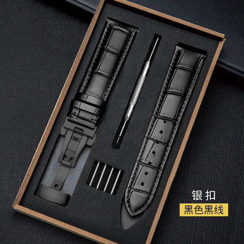 Echtes Leder Uhrenarmband mit Schmetterlingsschließe & Holzbox – Premium Armband 18/20/22/24 mm für klassische Armbanduhren