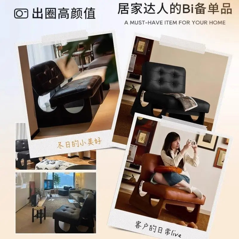 Massivholz Einzelsessel im asiatisch-nordischen Stil – Retro Akzentstuhl mit Öl-Wachs-Leder-Optik für entspanntes Wohnen