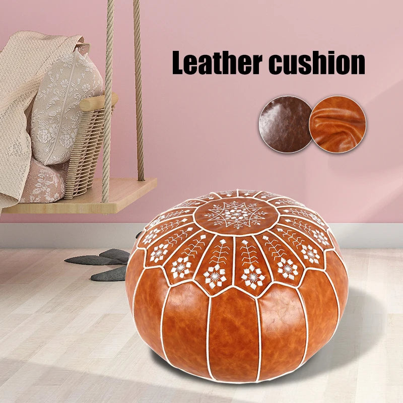 Marokkanischer PU Leder Pouf – Handgefertigter Ottoman & Fußhocker im mediterranen Stil, rund 50 cm, ungefüllt