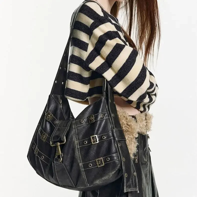 American Retro Punk Sac à main en cuir PU – Grand sac à main et sac fourre-tout pour femme, sac de banlieue à bouton métallique 