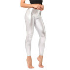 Leggings de piel sintética metálicos para mujer – Leggings de piel sintética brillantes en lila y dorado, elastisch, figurbetont &amp; punkig 