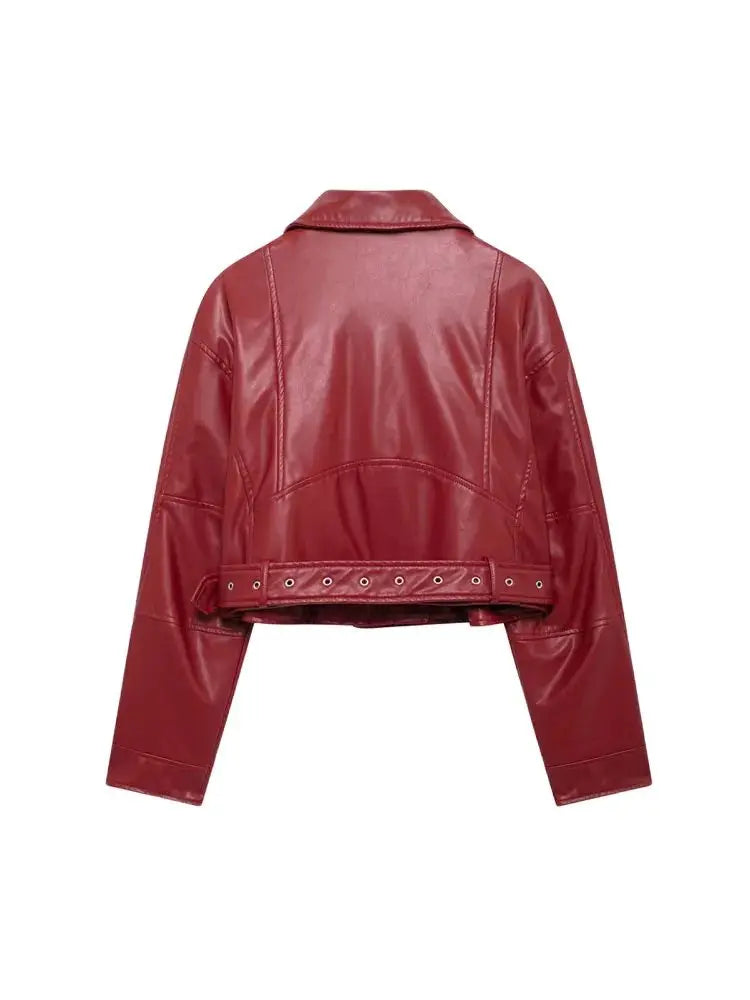 Damen Faux Leather Bikerjacke – Chic Moto Lederoptik Jacke mit Reißverschluss & Gürtel, Langarm Übergangsjacke für Herbst & Winter