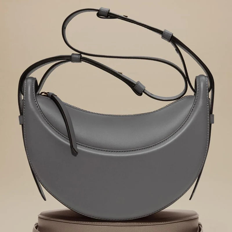 2025 Französische Echtleder Damen-Schultertasche – Halbmond-Crescent Bag mit Reißverschluss, Trendige Crossbody Tasche