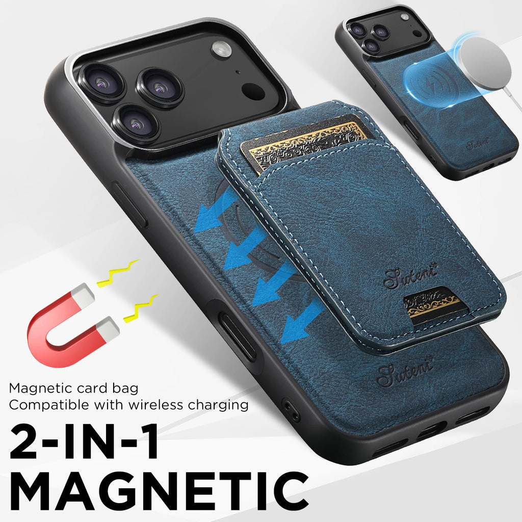 SUTENI Magnetische Wallet-Handyhülle aus Kunstleder mit kabellosem Laden & Standfunktion – Kartenhalter für iPhone 12 bis iPhone 17 Pro Max
