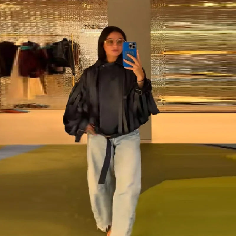 Veste d'art surdimensionnée pour femme 2025 – Chic High-Street Lederoptik mit Reverskragen, Gürtel &amp; Reißverschluss, Retro Streetwear Mantel 