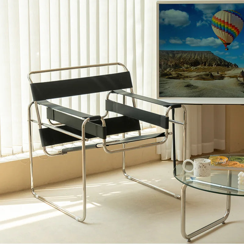 MOMO Lazy Sofa Chair aus Sattelleder – Skandinavischer Lounge- & Einzelsessel mit Edelstahlgestell und Armlehnen