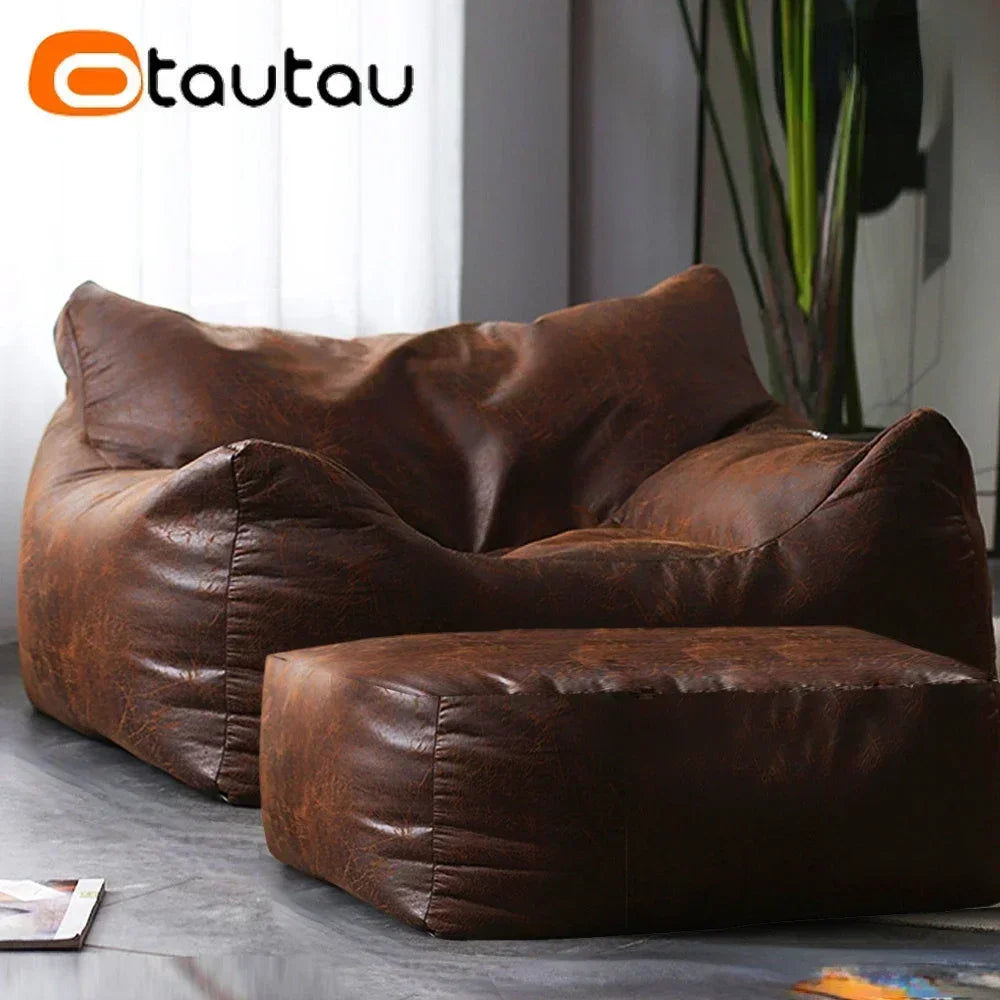 OTAUTAU Luxus Sitzsack-Sessel aus Retro-Wildlederoptik – Gefüllter Pouf & Lazy Chair mit Hocker, bequemer Einzelsessel für Wohnzimmer & Lounge (Modell SF042)