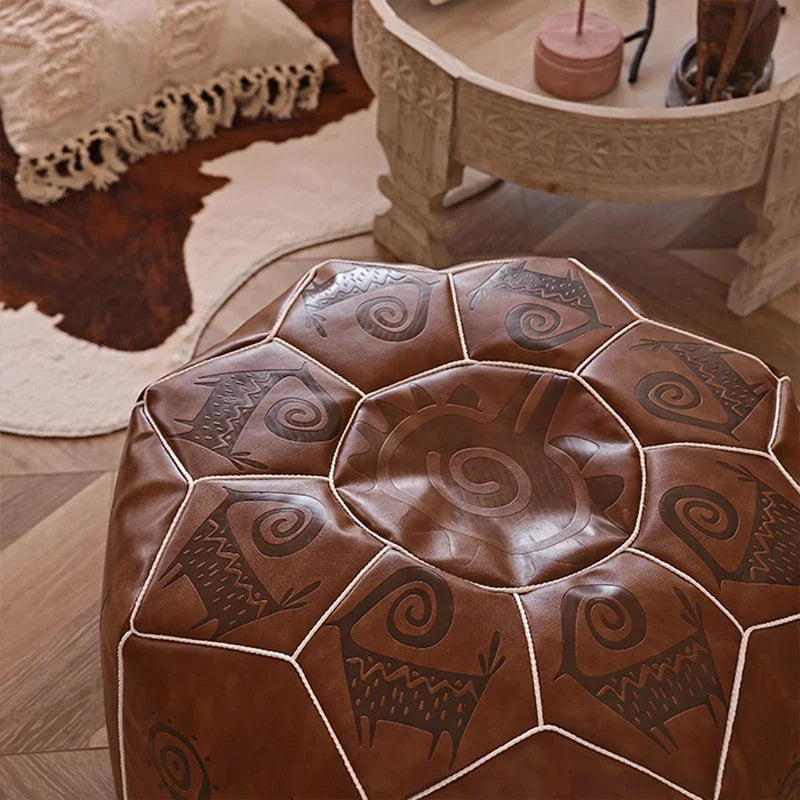 Handgefertigter marokkanischer Leder Pouf – Luxus Ottoman & Fußhocker aus echtem Ziegenleder, ungefüllt (53 × 35 cm)