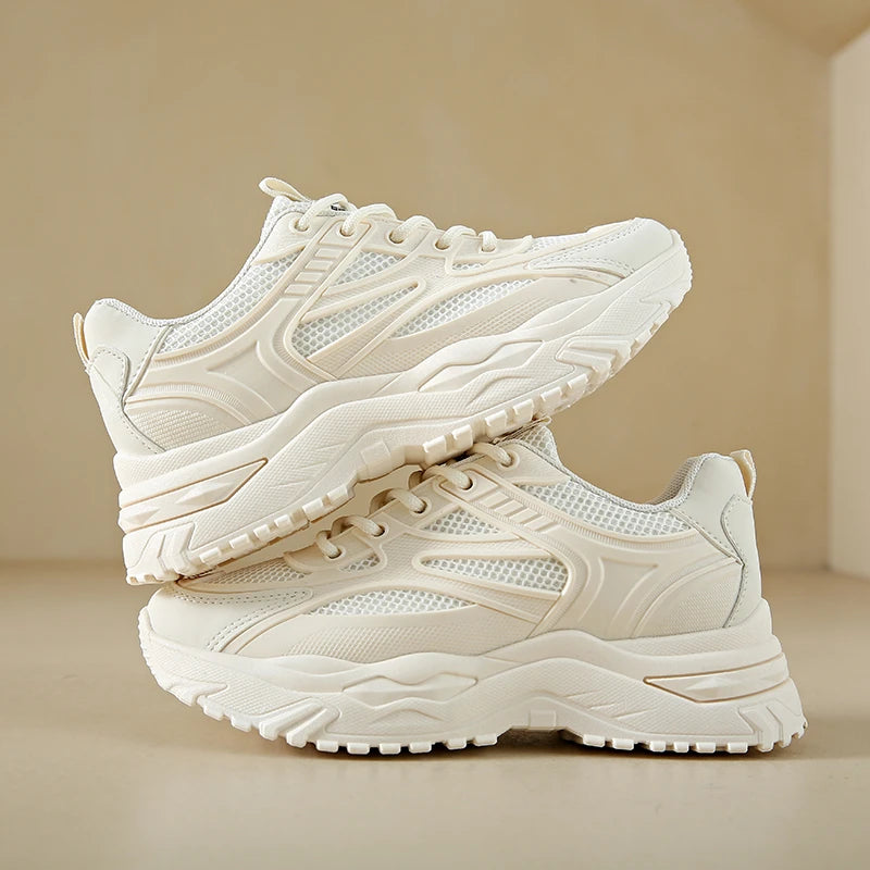 Weiße Damen Chunky Sneaker 2024 – Modische Leder-Sneakers mit dicker Sohle, Bequeme Sport- & Freizeit Schuhe mit Plateau für Frühling & Herbst