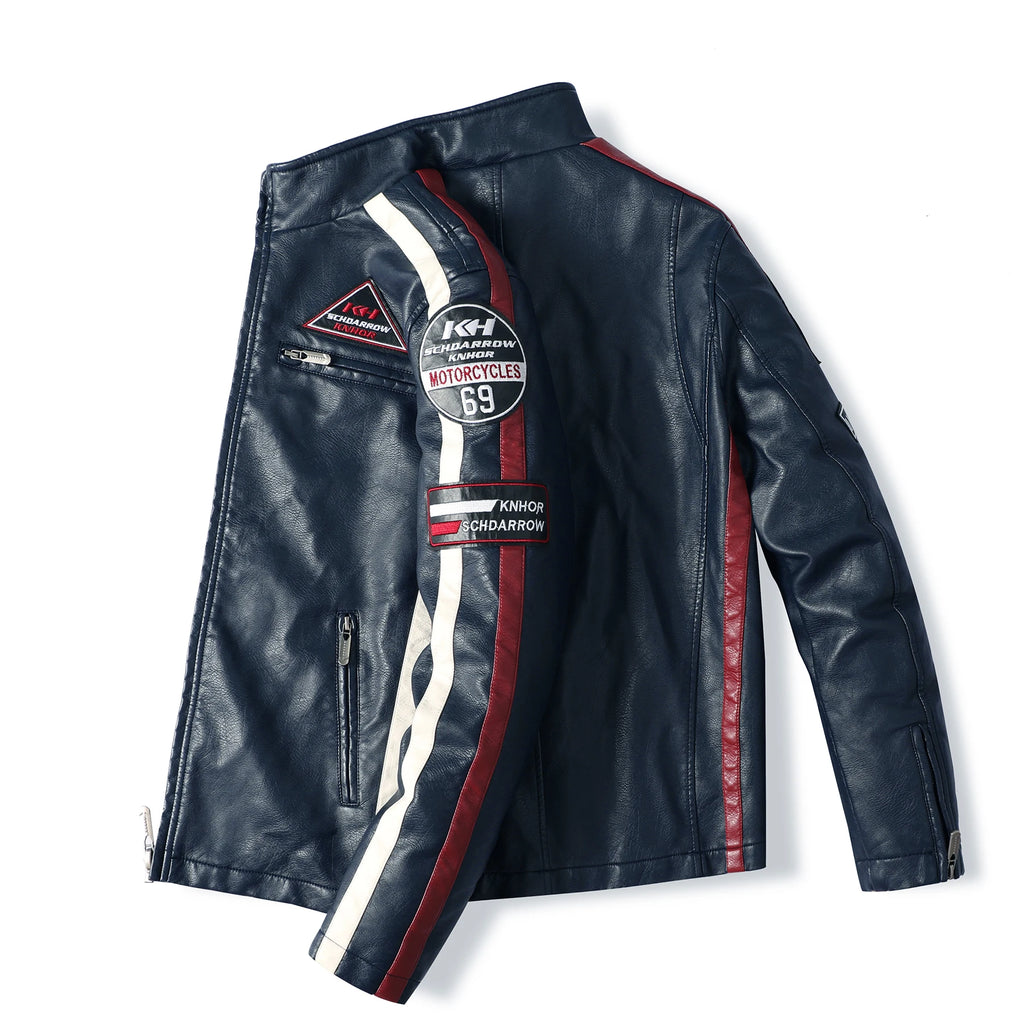 Herren Motorrad Racing Jacke aus PU-Leder – Bikerjacke mit Stehkragen, Patchwork-Design & Reißverschluss für Herbst & Winter