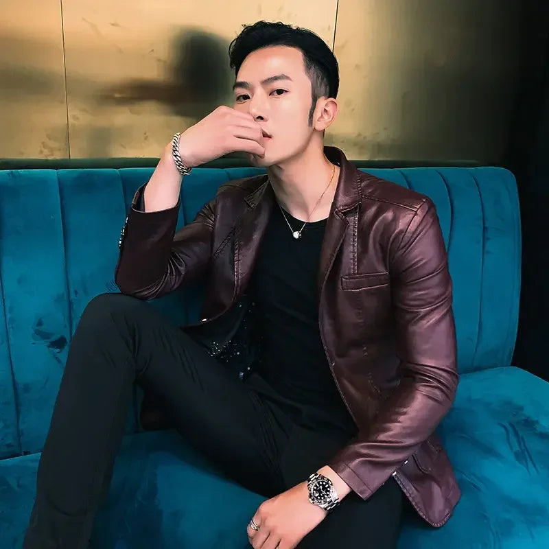 Herren Lederblazer Single Breasted – Korean Style Sakko 2025, klassischer Gentleman Look für Frühling & Herbst