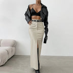 Damen PU Leder Maxirock Schwarz – Cintura alta A-Linien Rock in Lederoptik, figurbetonter langer Rock für Herbst &amp; Winter