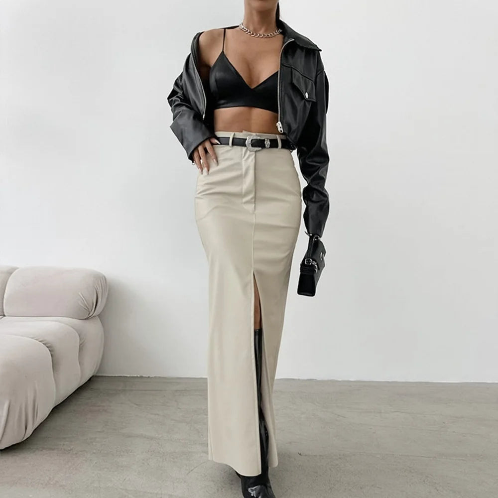 Damen PU Leder Maxirock Schwarz – High Waist A-Linien Rock in Lederoptik, figurbetonter langer Rock für Herbst & Winter