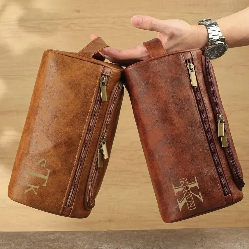 Personalisierter Kulturbeutel mit Namensgravur – Wasserfeste PU-Leder Make-up & Rasurtasche für Business & Reise