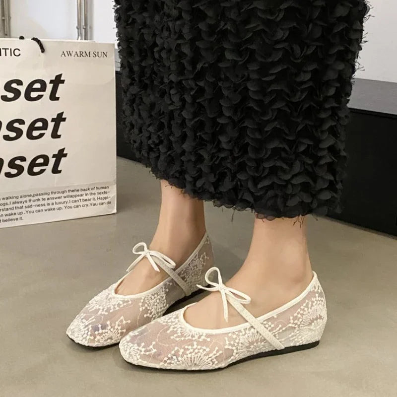 UXST Damen Flats 2025 – Sommer Ballerina Schuhe mit quadratischer Zehenpartie, Schleifen-Detail, Bequeme Shallow-Mouth Flats for Frauen