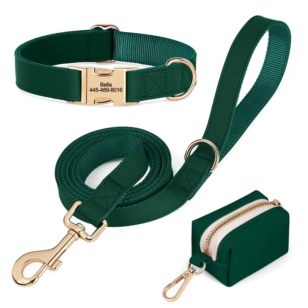 Personalisiertes PU-Leder Hundehalsband- & Leinen-Set mit Kotbeutelhalter – Farbiges Komfort-Set für Hunde & Möpse