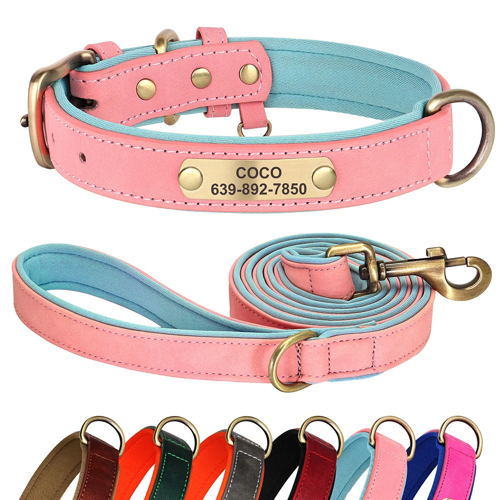 Personalisiertes Hunde-Halsband mit Leine aus PU-Leder – Gepolstertes ID-Halsband mit Namensgravur für kleine, mittlere & große Hunde