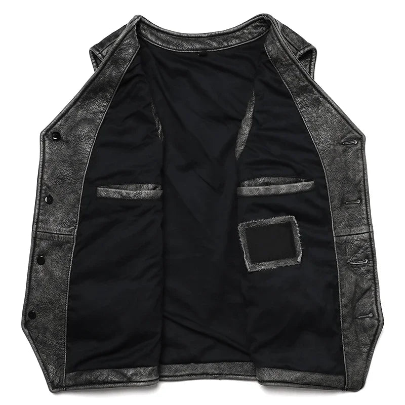 Chaleco vintage de piel auténtica de Gery para hombre, ropa de trabajo de piel de vaca natural, chaqueta ajustada sin mangas estilo safari. 