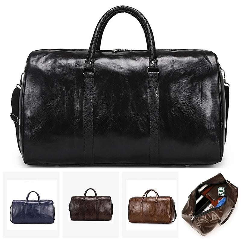 Große Leder Travel Bag für Herren – Schwarze PU Leder Duffle & Fitness Tasche mit Reißverschluss, modische Schulter- & Reisetasche