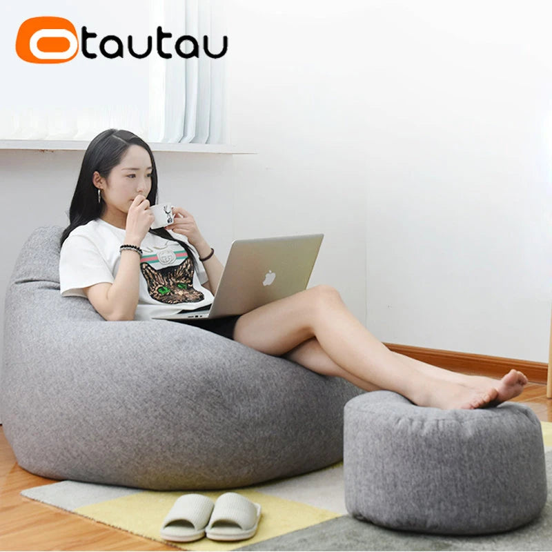 OTAUTAU Runder Sitzpouf aus Baumwoll-Leinen (30 cm) – Puf otomano con relleno, minimalista y tatami Bodensitz 