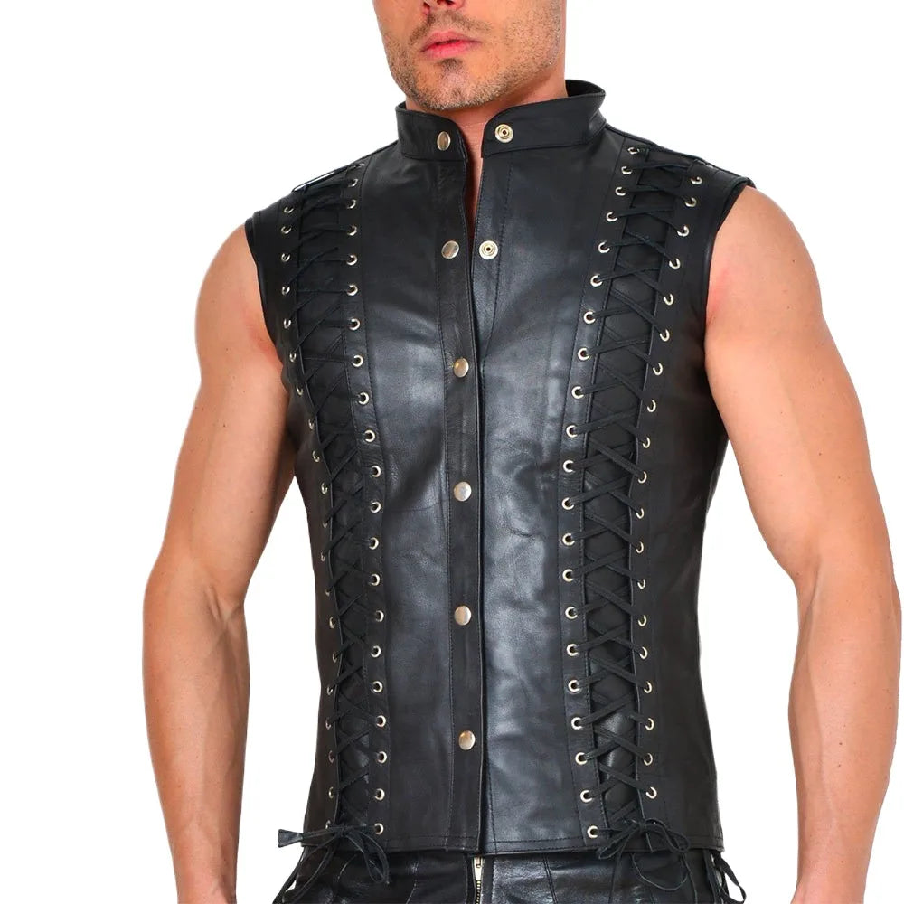 Herren Punk Lederweste Slim Fit – Ärmellose PU-Leder Weste mit Bandagen-Design, Club & Stage Wear für Männer von M bis 4XL