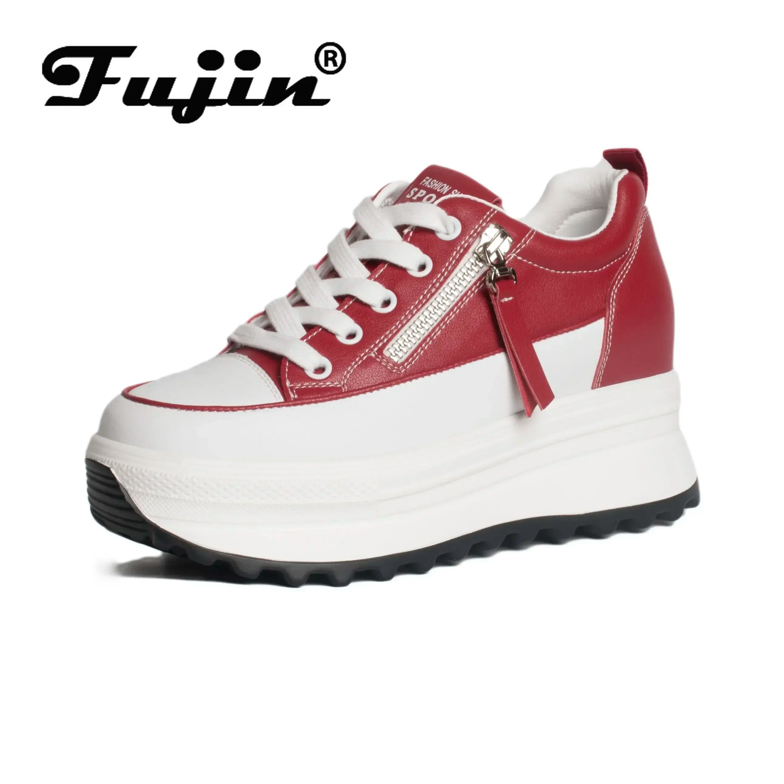 Fujin Damen Plateau Sneaker aus Echtleder – 7 cm Wedge Sneakers mit Schnürung | Komfortable Leder Plattform-Schuhe für Frauen
