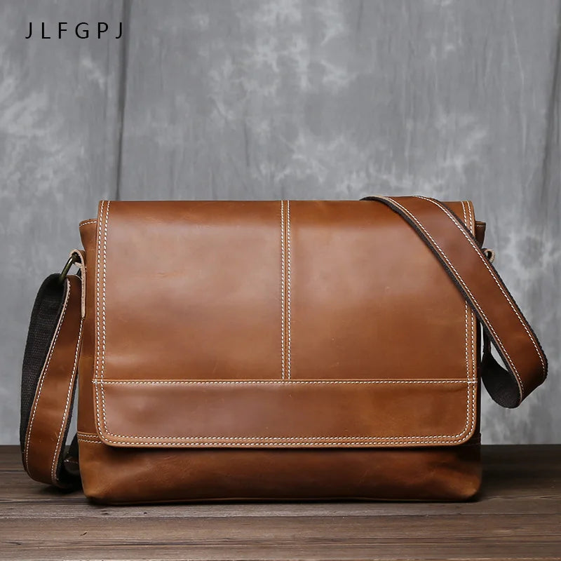 Retro Herren Rucksack aus echtem Crazy Horse Leder – Ein-Schulter Messenger Bag, horizontales Design, große Kapazität, Vintage-Stil