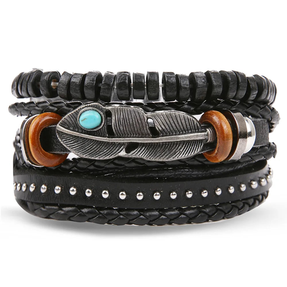 Punk Leder Wickelarmband mit Gitarren- & Unendlichkeits-Symbol – Geflochtenes Vintage Armband mit Holzperlen, Ethno Tribal Wristband für Damen & Herren