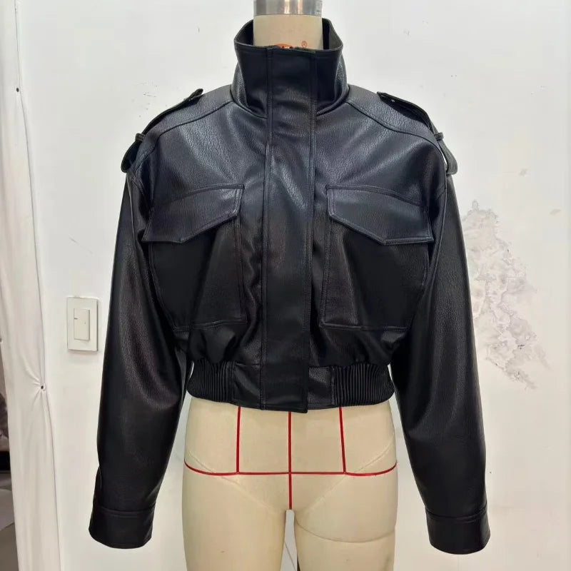 Damen Cropped Kunstleder Jacke Vintage Streetwear 2025 – Kurze High-Street Lederoptik Jacke mit Taschen & Reißverschluss, Herbst/Winter Outwear