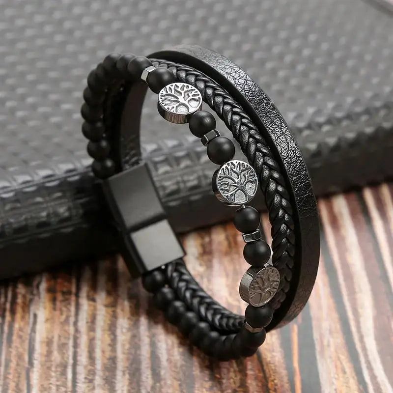 Klassisches Herren Lederarmband – Handgeflochtenes Multi-Layer Armband mit Magnetverschluss im modernen Punk-Style
