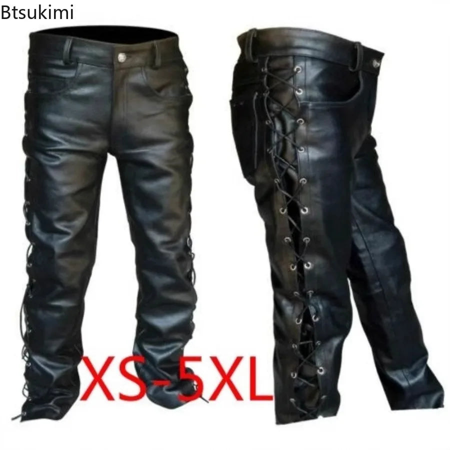 Herren Punk Lederhose aus PU – Schwarze Motorradhose mit seitlicher Schnürung, lockere Passform für Club, Freizeit & Biker-Style