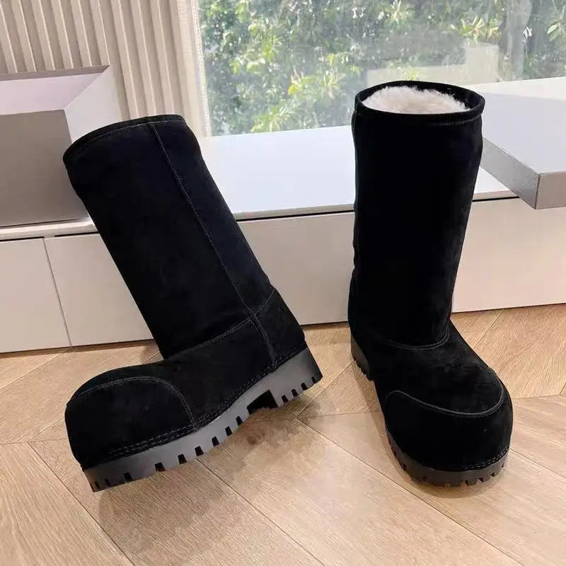 Damen Snow Boots mit dicker Plateausohle – Warme Winterstiefel aus Leder- & Felloptik, gefüttert & wasserdicht, auch in großen Größen