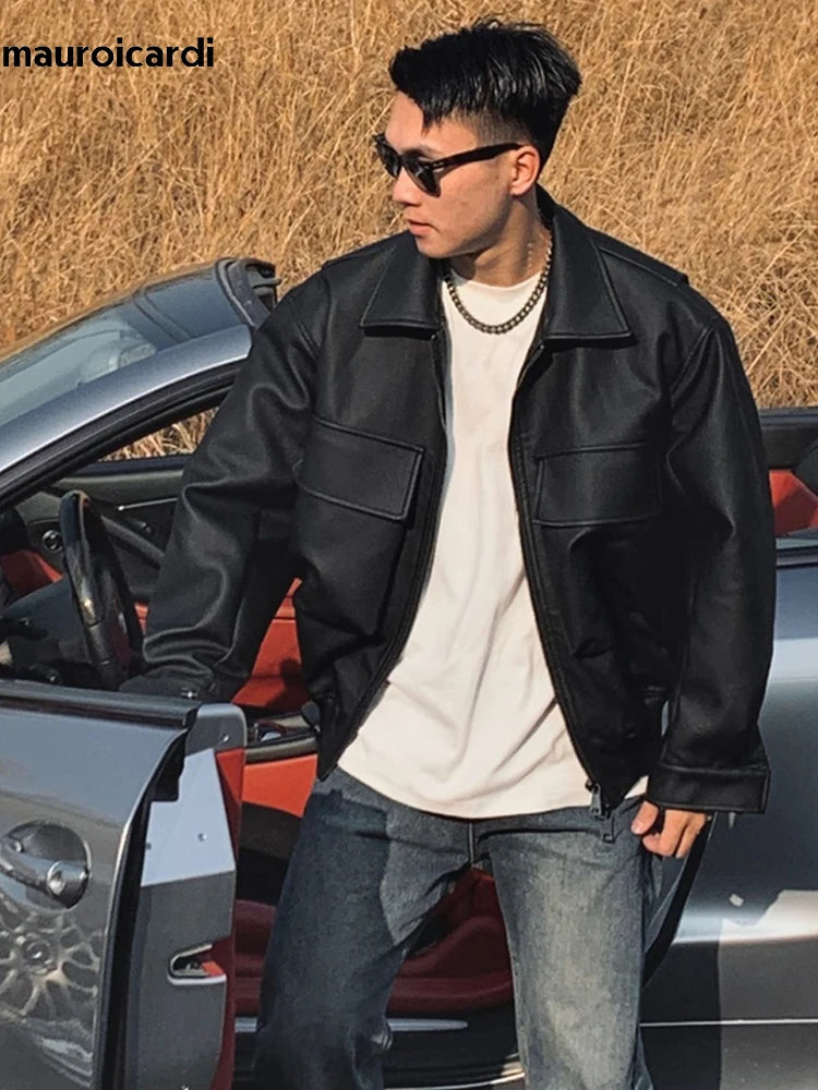 Herren Oversized Kurzjacke aus mattem PU-Leder – Schwarze High-Street Designer Lederjacke mit Reißverschluss & Taschen für Frühling & Herbst